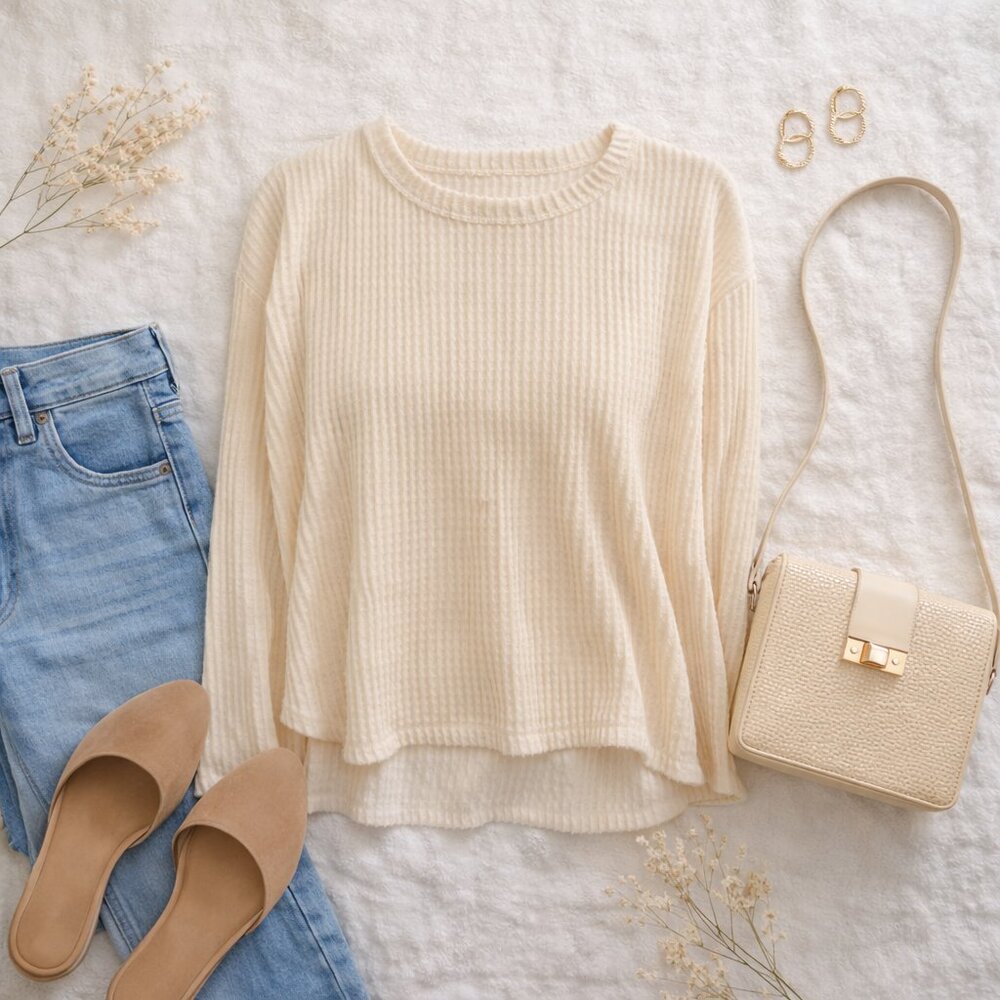 ❤️ Cream Ribbed Open Back Long Sleeve Sweater